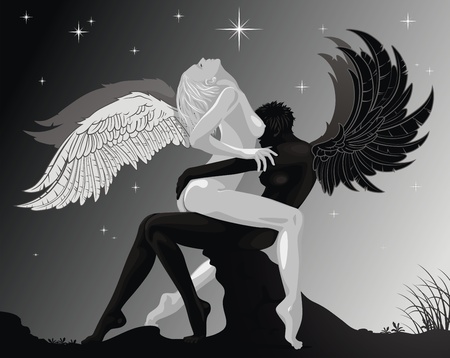 Black and white angels embrace in an impulse of passion against the star skyのイラスト素材