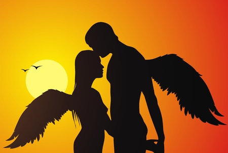 The loving couple of angels kisses against a sunsetのイラスト素材