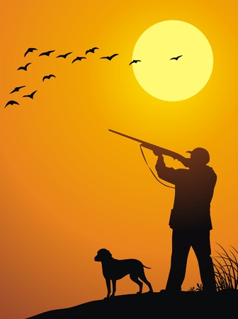 The man together with a dog hunts on a weft on a sunsetのイラスト素材