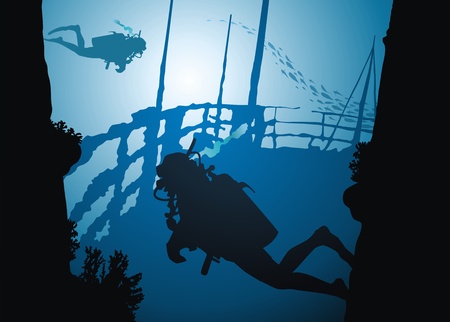 Divers swim on fragments of the sunk ship