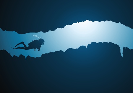 The diver floats on a narrow underwater tunnelのイラスト素材