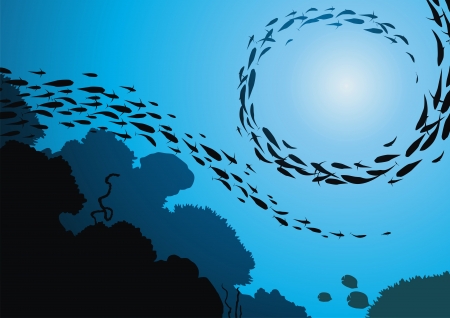 Fish in flight floats among corals against the sunのイラスト素材