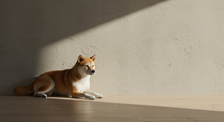 Shiba inu dog sitting on the floor with light from the windowの素材