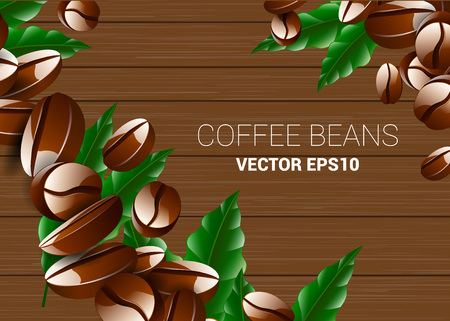 Vector coffee break illustration with roasted coffee beans on wooden table backgroundのイラスト素材