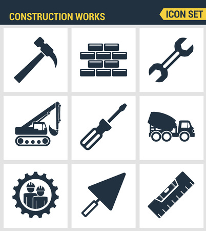 Icons set premium quality of construction works on site and building tools. Modern pictogram collection flat design style. Isolated white background.のイラスト素材