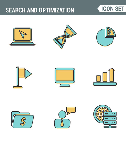 Icons line set premium quality of website searching engine optimization, seo analytics and data management, webpage traffic development. Modern pictogram collection flat design styleのイラスト素材