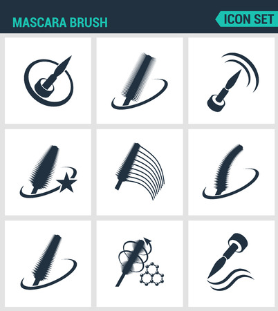 Set of modern vector icons. Mascara brush mascara, increase volume, different, kinds, brushes, new formula. Black signs on a white background. Design isolated symbols and silhouettes.のイラスト素材