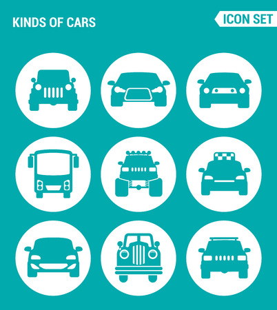 Vector set web icons. Kinds of cars SUV, car, bus, muscle car, big car, taxi, business, retro cars. Design of signs, symbols on a turquoise backgroundのイラスト素材