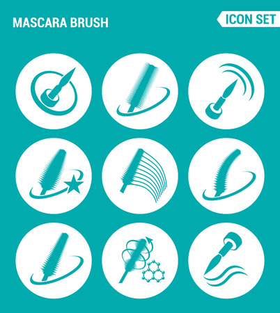 Vector set web icons. Mascara brush, increase volume, different kinds brushes, new formula. Design of signs, symbols on a turquoise backgroundのイラスト素材