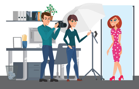 Business professional work the team office. Working photographer photographing the model in the photo studio. Teamwork workplace. Vector creative illustrations flat design worker people Women and Man.のイラスト素材