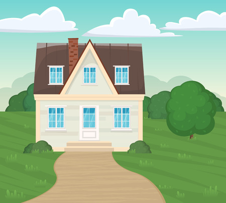 Suburban residential facade house illustration of a cartoon family Modern home in spring or summer season. Green landscape. isolated building.のイラスト素材