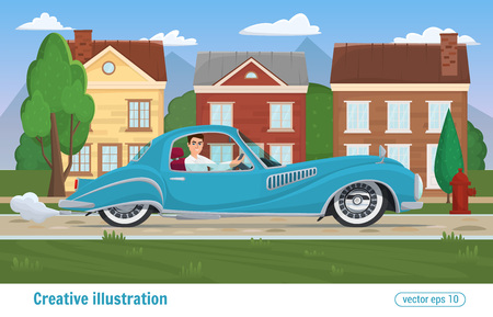 Successful businessman man rides through the city on prestigious car business class black. Vector illustration cartoon male and car colorful modern flat designのイラスト素材