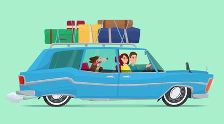 Man and woman Travel by car with his dog ,baggage on the top. Journey concept cartoon. Vector creative color illustrations flat design in flat modern style.のイラスト素材