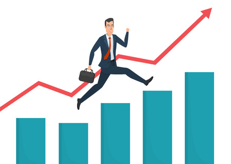 Businessman running grow up graph. Business cartoon concept. Vector illustration isolated on white background in flat style.のイラスト素材