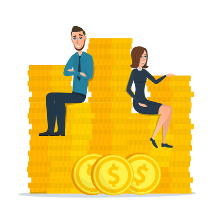 Cartoon businessman and businesswoman sitting on money coins. Business cartoon concept. Vector illustration isolated on white background in flat style.のイラスト素材