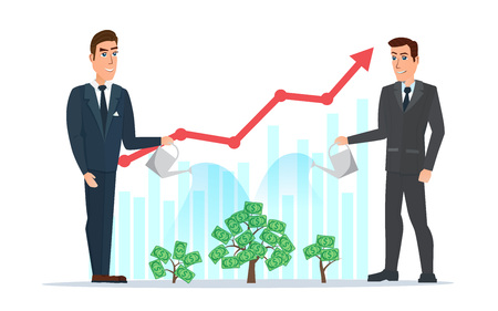 businessman water the plants with the money graph rises. Business cartoon concept. Vector illustration isolated on white background in flat style.のイラスト素材