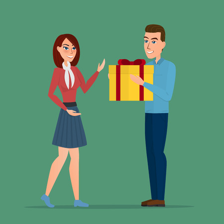 cartoon boy giving girl a gift box. Vector creative color illustrations flat design in flat modern style.のイラスト素材