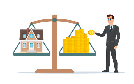 Businessman holding house on money, man collects money for a house and weighs in the balance. Business cartoon concept. Vector illustration isolated on white background in flat style.のイラスト素材