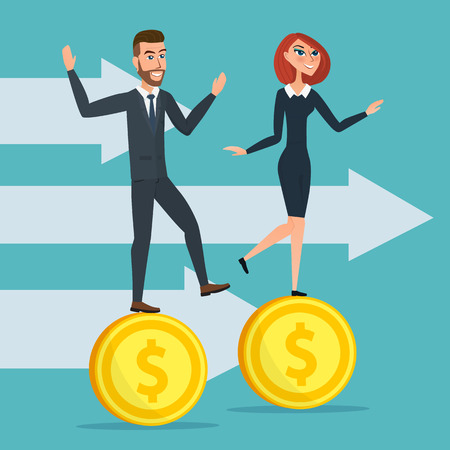 Girl and a man traveling businessmen on coins. Business cartoon concept. Vector creative color illustrations flat design in flat modern style.のイラスト素材