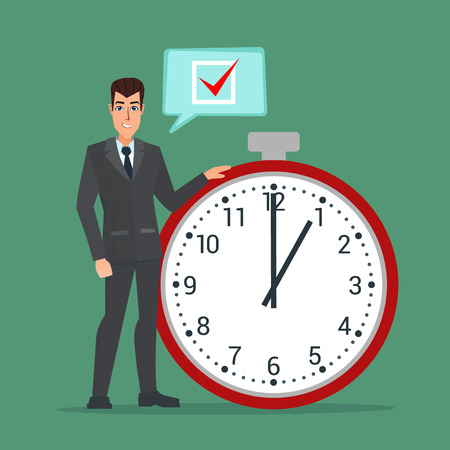 Businessman think on task list, checklist, stopwatch vector illustration. Business plan. Cartoon concept. Vector creative color illustrations flat design in flat modern style.のイラスト素材