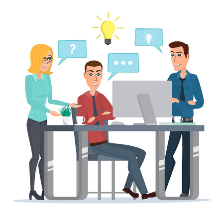 Teamwork office idea Business People Meeting Discussing Office Desk Businesspeople Working Flat Vector Illustration isolated on white background in flat styleのイラスト素材