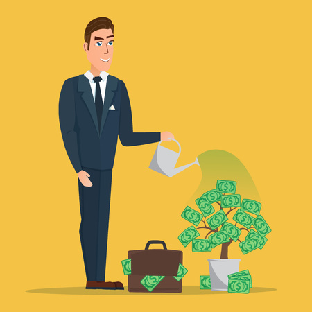 Businessman watering a money tree. Vector creative color illustrations flat design in flat modern style.のイラスト素材