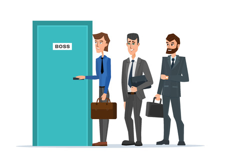 Business people standing in a line to the door of the boss. Business cartoon concept. Vector illustration isolated on white background in flat style.のイラスト素材