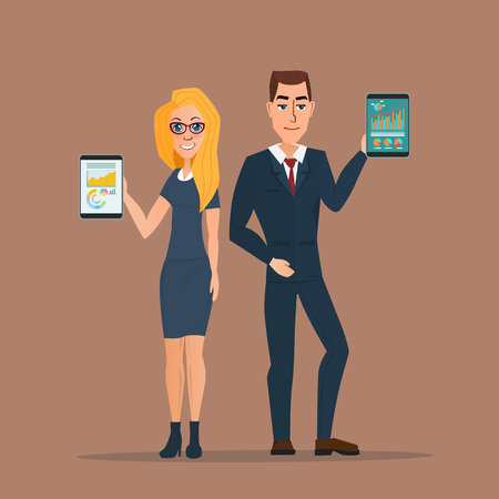 Businessman and business woman holding a tablet with growing graph. Business concept. Vector creative color illustrations flat design in flat modern style.のイラスト素材
