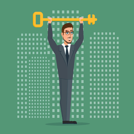 Businessman or manager holds a golden key in his hand. Business cartoon concept. Vector creative color illustrations flat design in flat modern style.のイラスト素材