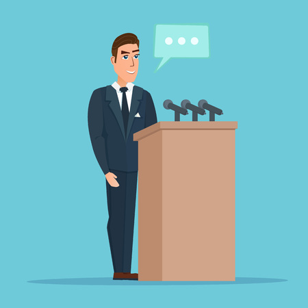 Speaker makes a report to the public. Orator stands behind a podium with microphones. Presentation performance before audience. Vector creative color illustrations flat design in flat modern style.のイラスト素材