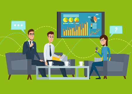Business professional work. Press conference, interview concept, live report, vector microphones, giving interview news. Vector creative illustrations flat design. Worker people Man and Women.のイラスト素材
