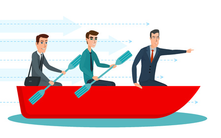 Businessmen workers rowing oars in boat and manager with. Team Management. Business cartoon concept. Vector illustration isolated on white background in flat style.のイラスト素材