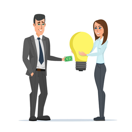 Business woman exchange money to idea with businessman. Business cartoon concept. Vector illustration isolated on white background in flat style.のイラスト素材