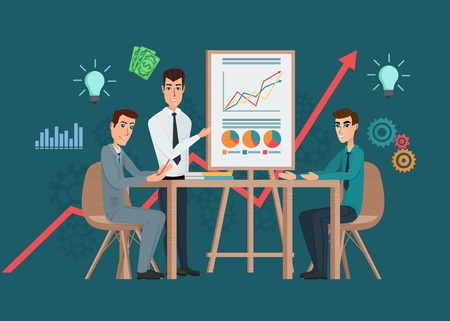 Business professional work team meeting. Presentation of the project. Man speaks before his colleagues. Teamwork workplace. Vector creative illustrations flat design worker people Man.のイラスト素材