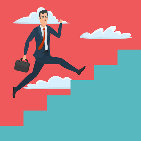 Businessman running up ladder of success vector illustration. Career and professional growth. Business cartoon concept. Vector creative color illustrations flat design in flat modern style.のイラスト素材
