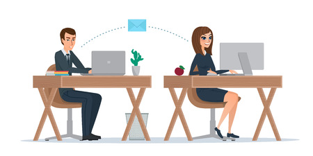 Man and woman at computer monitor. Office correspondence, employees to correspond by mail. Business concept. Vector illustration isolated on white background in flat style.のイラスト素材