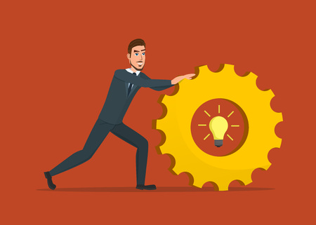 Man rolls gear. Business cartoon concept. Vector creative color illustrations flat design in flat modern style.のイラスト素材