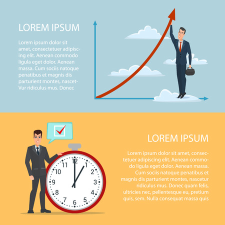 Serious businessman holding clock over head, for time management or deadline theme design. Cartoon poster vector illustration. Banners for web design in business style set. Template for your text.のイラスト素材