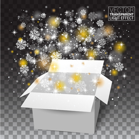 White Christmas Open box, snow and glitter falls from a gift box with a transparent background. Vector illustration.のイラスト素材