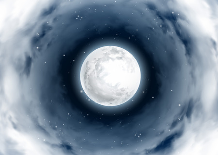 Mystical Night sky. Vortex of Clouds Around the Full Moon. Moonlight night. Realistic clouds. Shining Stars on dark blue sky. Vector illustration background.のイラスト素材