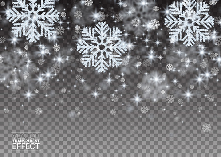 Christmas Random Falling Silver Shining Snowflakes. Happy New Year. Stars on transparent Abstract Background. Invitation Postcard Paper Packaging. Vector illustration.のイラスト素材