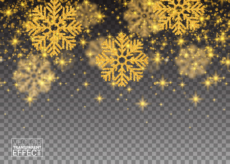 Glitter Abstract Pattern Random Falling Gold Snowflakes Shining on Transparent Background. Banner Christmas and New Year for card Invitation Postcard Paper Packaging. Vector illustration.のイラスト素材