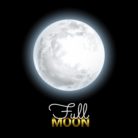 Realistic Volume 3d Full Moon on Black Dark Background. Mystical Shining Moonlight. Vector illustration.のイラスト素材