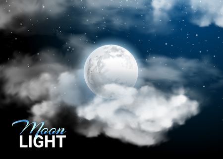 Moonlight night Full Moon. Mystical Night sky Realistic clouds. Clouds and stars. Shining Stars on dark blue sky. Vector illustration backgroundのイラスト素材