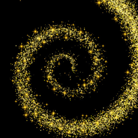 Golden Spiral Spilling Gold Dust on a Black Background. Magic glowing trails of particles. Shiny Glitter Circular Vortex Galaxy Star. Festive Whirlpool Glitters Decoration. Vector illustration.のイラスト素材