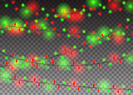 Set Horizontal Bright Realistic Garlands Red and Green Color, Festive Decorations. Glowing Christmas Lights Isolated on Transparent Background. Xmas Holiday Vector Illustration.のイラスト素材