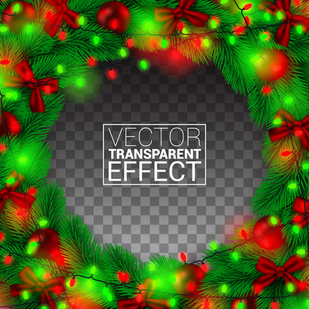 Realistic Christmas Border, Isolated on transparency Background. Winter holidays wooden background. Frame Green Fir Tree Branches with Decorations, Garland and Red Bulbs, Bows.のイラスト素材