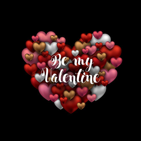 Happy Valentines day design. Vector illustration. Black background with hearts. Border with text. Be My Valentine banner with sign of loveのイラスト素材