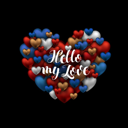 Hello my love phrase for card with heart. Phrase for Valentine's day. Modern brush calligraphy. Holiday decoration design element. Vector Illustration Isolated on black background.のイラスト素材