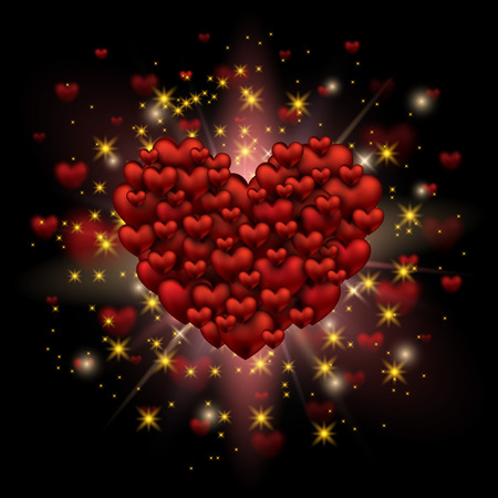 Shining Heart February 14. Love romantic 3D Realistic Red Hearts Background with Happy Valentines Day. Vector Illustrationのイラスト素材